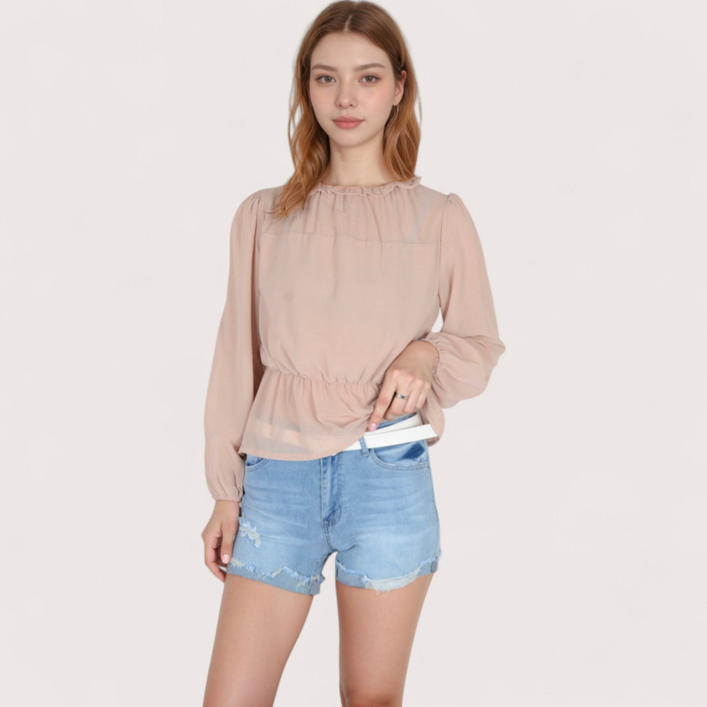 Anna-Kaci Women's Sheer Yoke Long Sleeve Blouse with Ruffle Neckline and Cinched Waist Detail - Small, Green