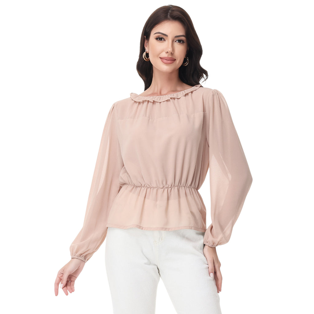 Anna-Kaci Women's Long Sleeve Blouse with Ruffle Neckline and Cinched Waist Detail