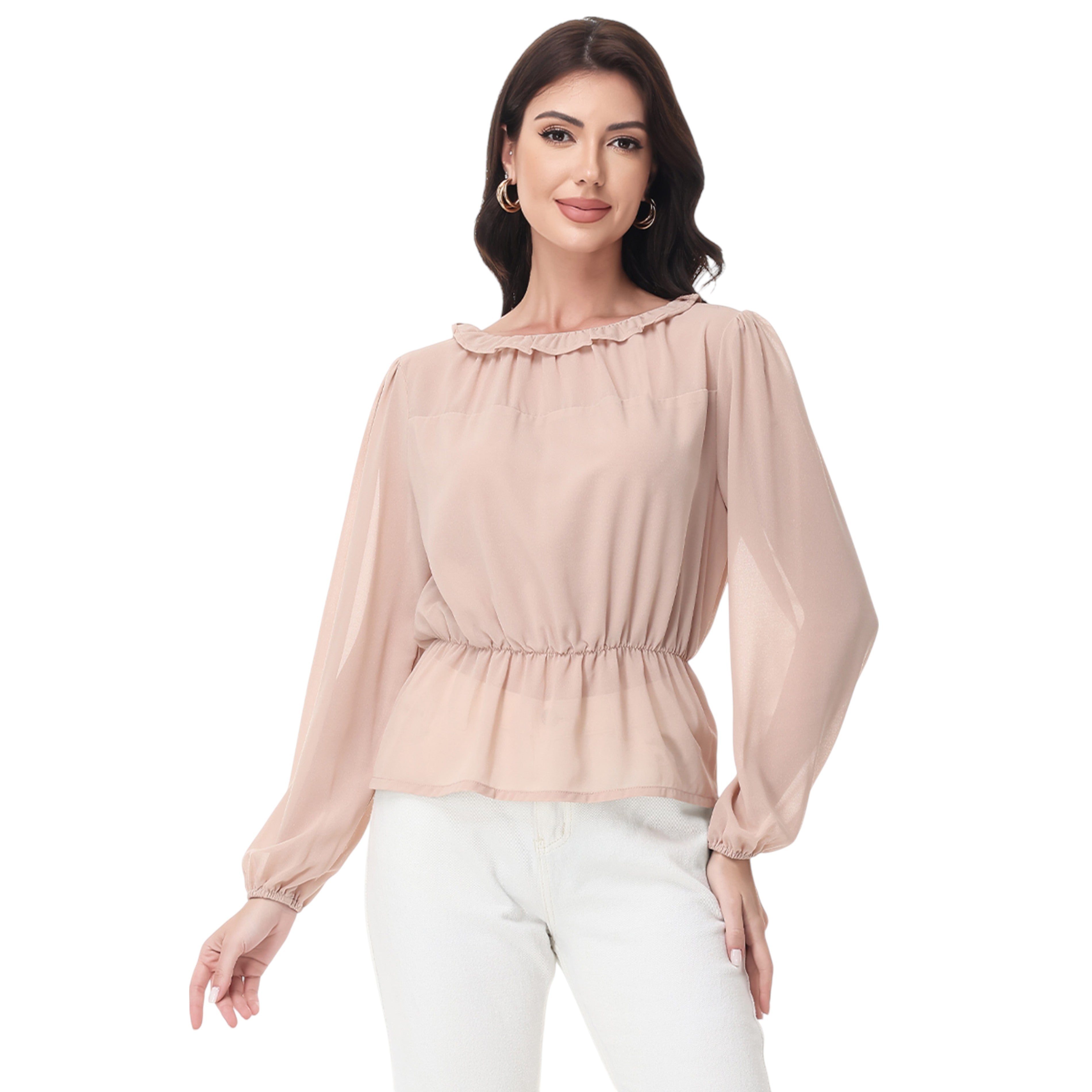 Anna-Kaci Women's Long Sleeve Blouse with Ruffle Neckline and Cinched Waist Detail