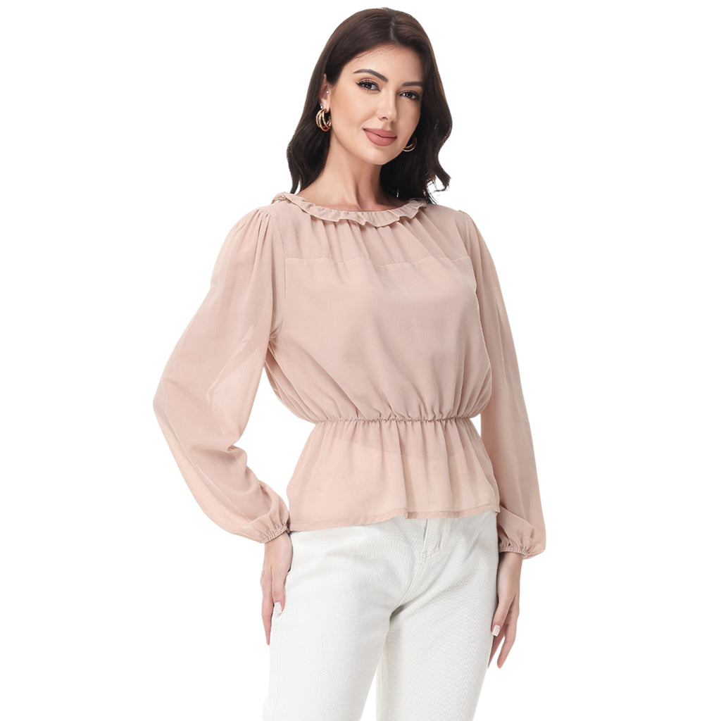 Anna-Kaci Women's Long Sleeve Blouse with Ruffle Neckline and Cinched Waist Detail