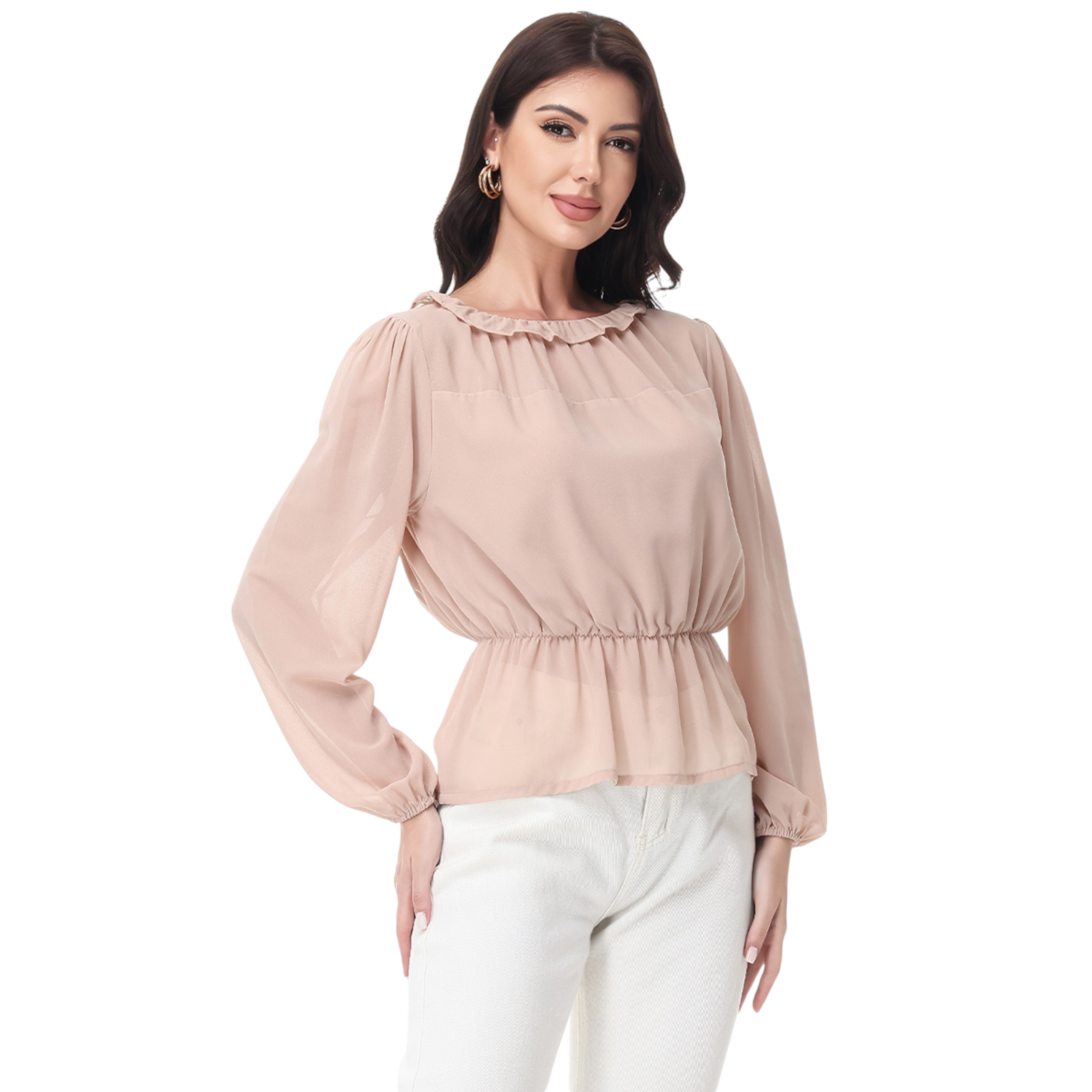 Anna-Kaci Women's Long Sleeve Blouse with Ruffle Neckline and Cinched Waist Detail