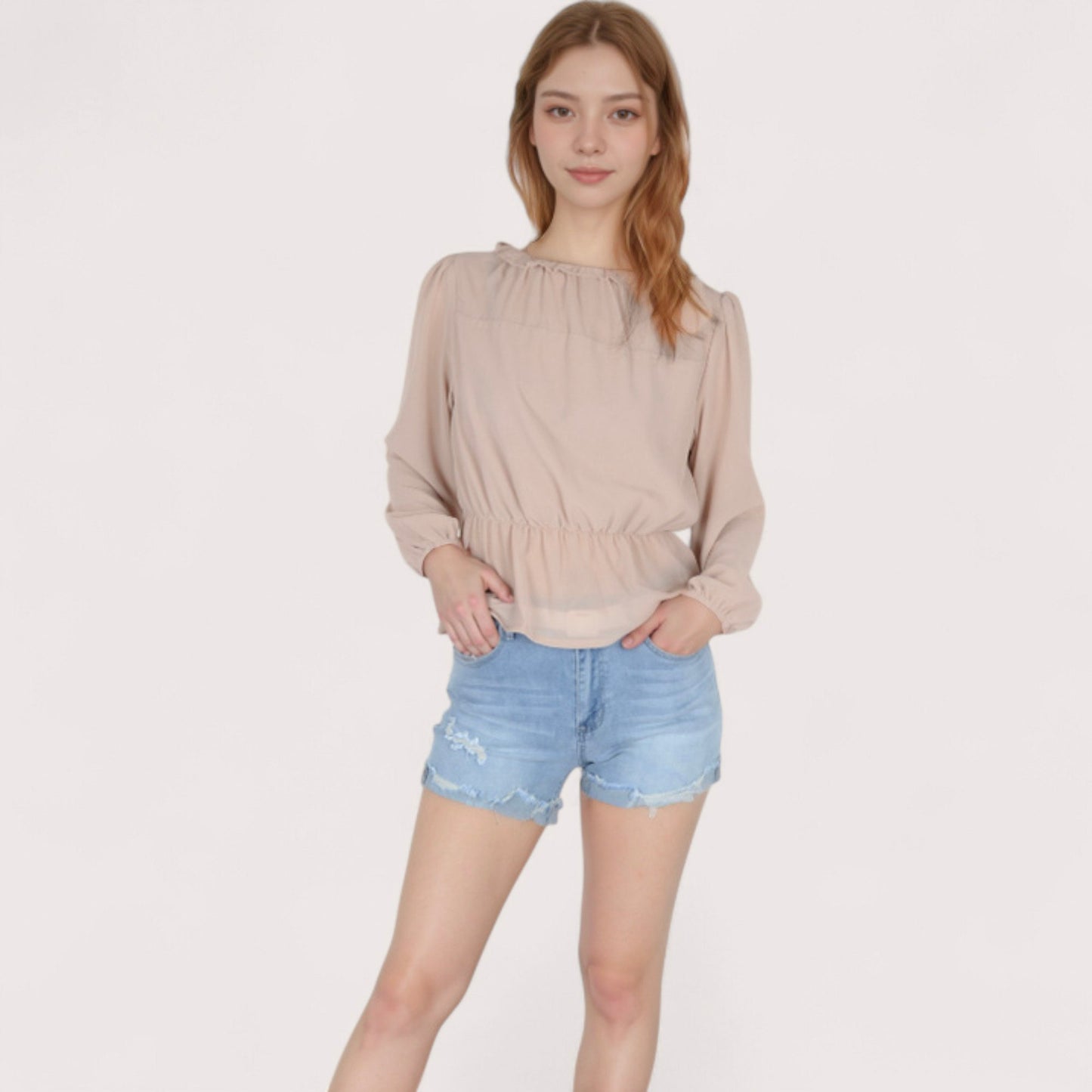 Anna-Kaci Women's Sheer Yoke Long Sleeve Blouse with Ruffle Neckline and Cinched Waist Detail - Small, Green