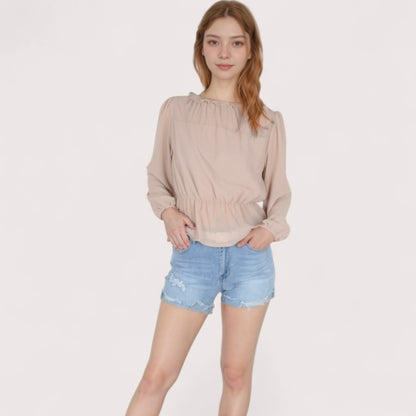 Anna-Kaci Women's Sheer Yoke Long Sleeve Blouse with Ruffle Neckline and Cinched Waist Detail - Small, Green