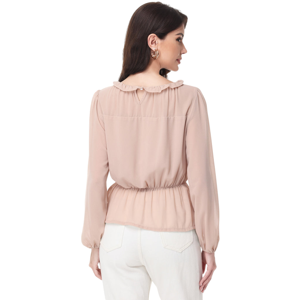 Anna-Kaci Women's Long Sleeve Blouse with Ruffle Neckline and Cinched Waist Detail