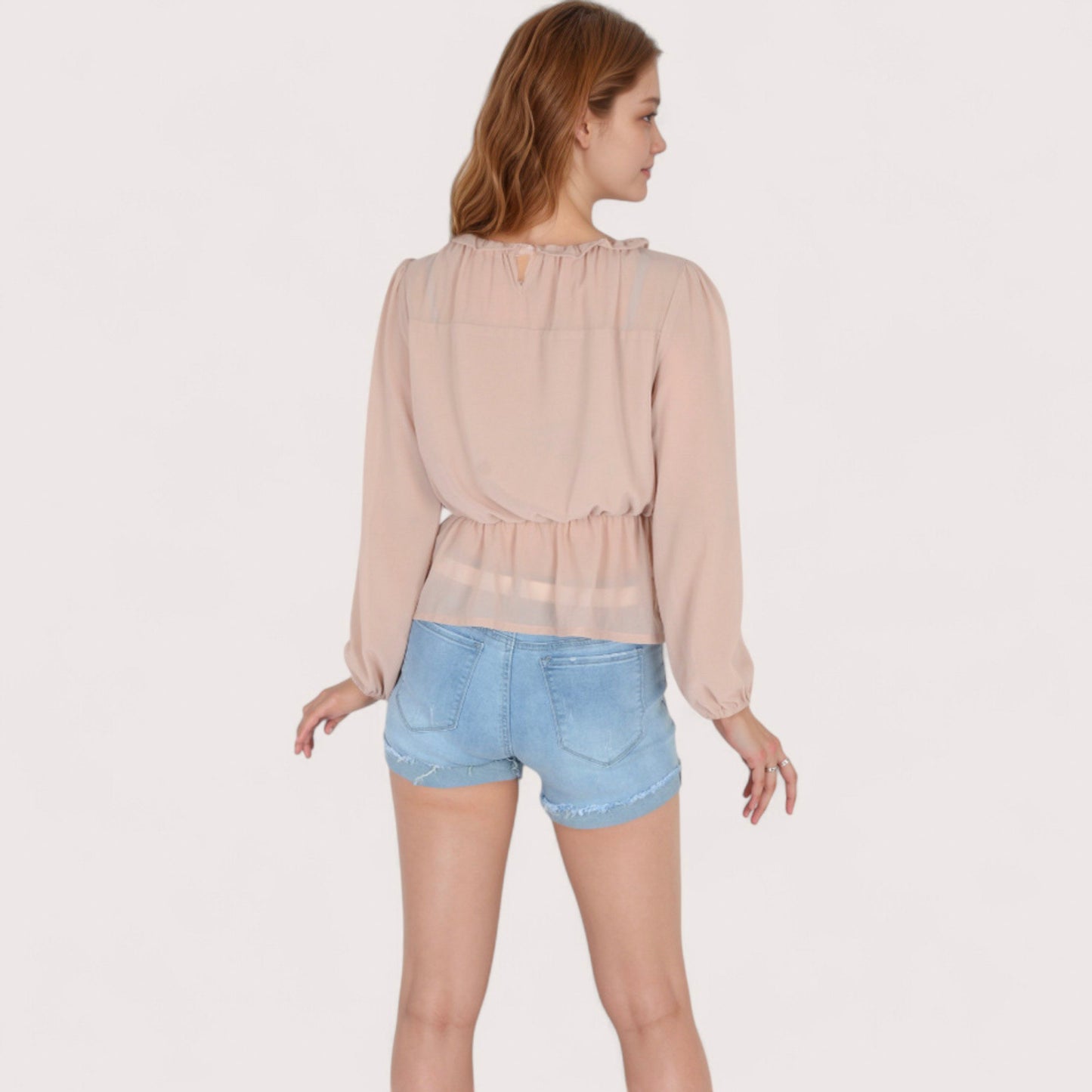 Anna-Kaci Women's Sheer Yoke Long Sleeve Blouse with Ruffle Neckline and Cinched Waist Detail - Small, Green