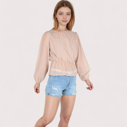 Anna-Kaci Women's Sheer Yoke Long Sleeve Blouse with Ruffle Neckline and Cinched Waist Detail - Small, Green