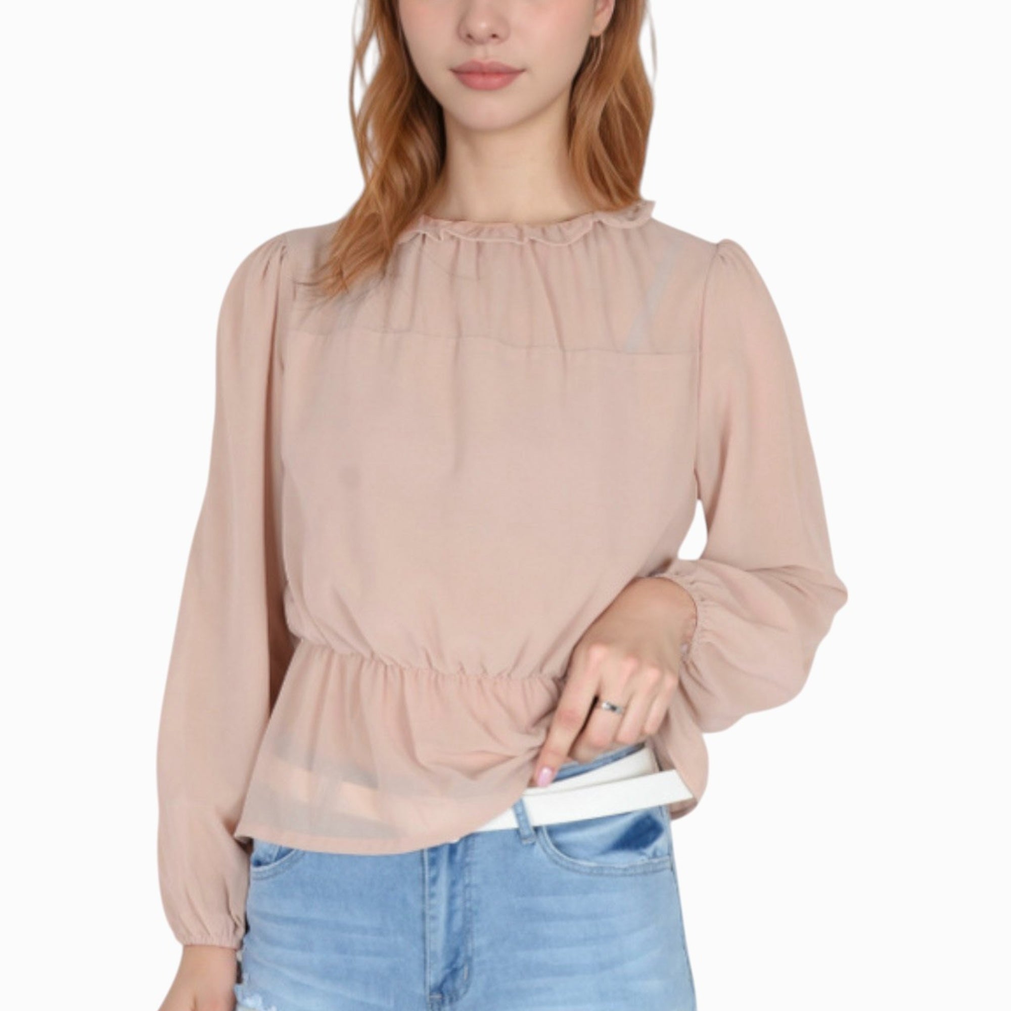 Anna-Kaci Women's Sheer Yoke Long Sleeve Blouse with Ruffle Neckline and Cinched Waist Detail - Small, Green