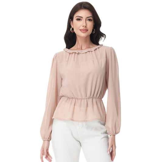 Anna-Kaci Women's Long Sleeve Blouse with Ruffle Neckline and Cinched Waist Detail