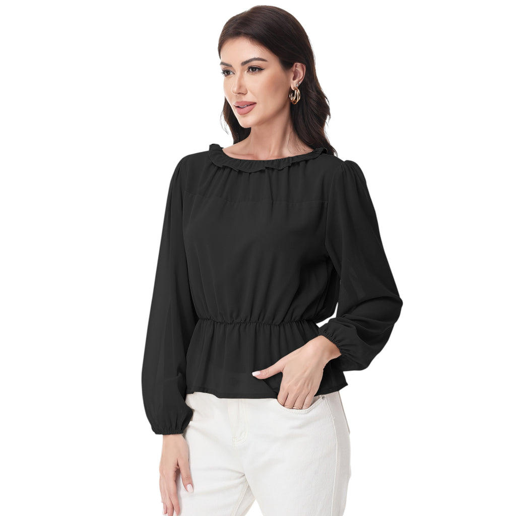 Anna-Kaci Women's Long Sleeve Blouse with Ruffle Neckline and Cinched Waist Detail