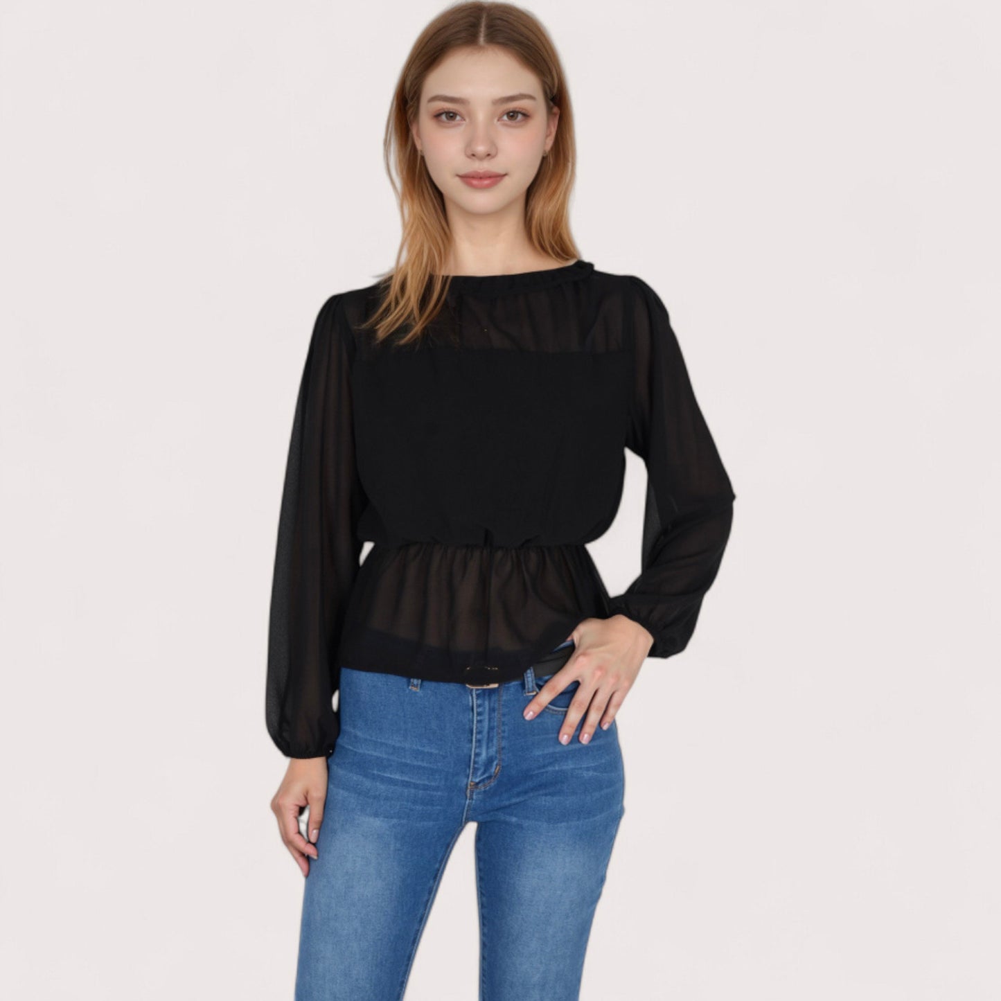 Anna-Kaci Women's Sheer Yoke Long Sleeve Blouse with Ruffle Neckline and Cinched Waist Detail - Small, Green