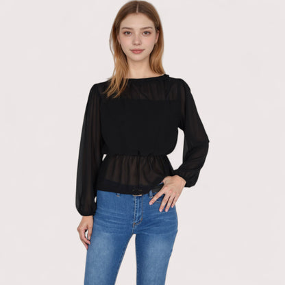 Anna-Kaci Women's Sheer Yoke Long Sleeve Blouse with Ruffle Neckline and Cinched Waist Detail - Small, Green