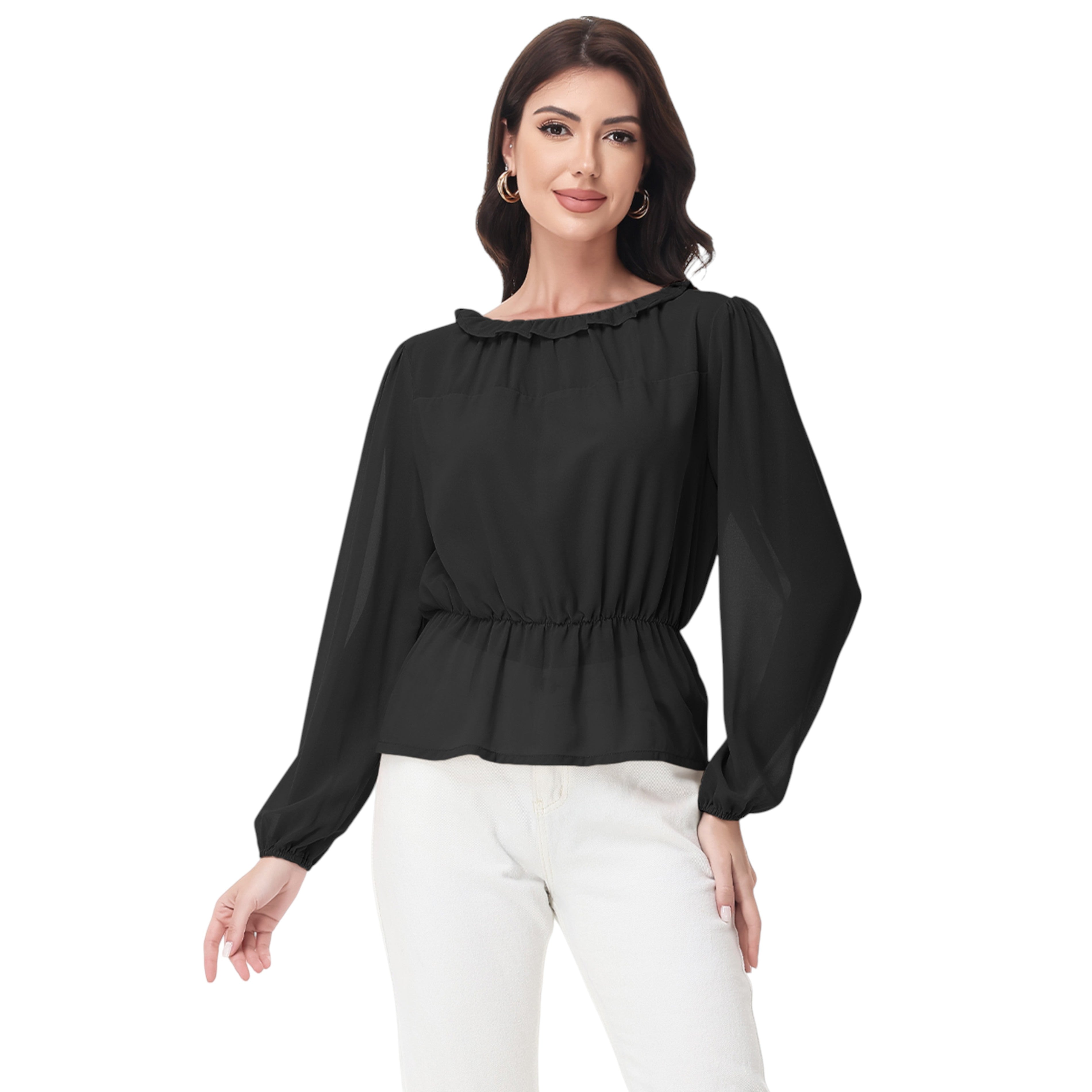 Anna-Kaci Women's Long Sleeve Blouse with Ruffle Neckline and Cinched Waist Detail