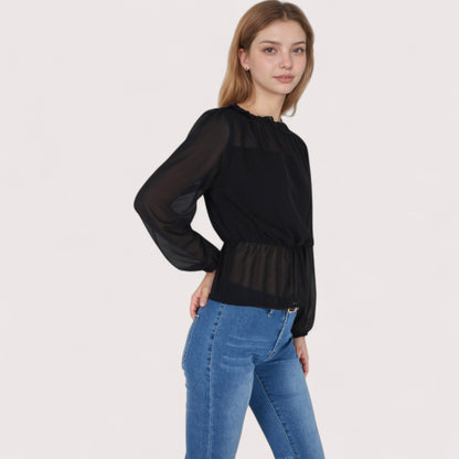 Anna-Kaci Women's Sheer Yoke Long Sleeve Blouse with Ruffle Neckline and Cinched Waist Detail - Small, Green