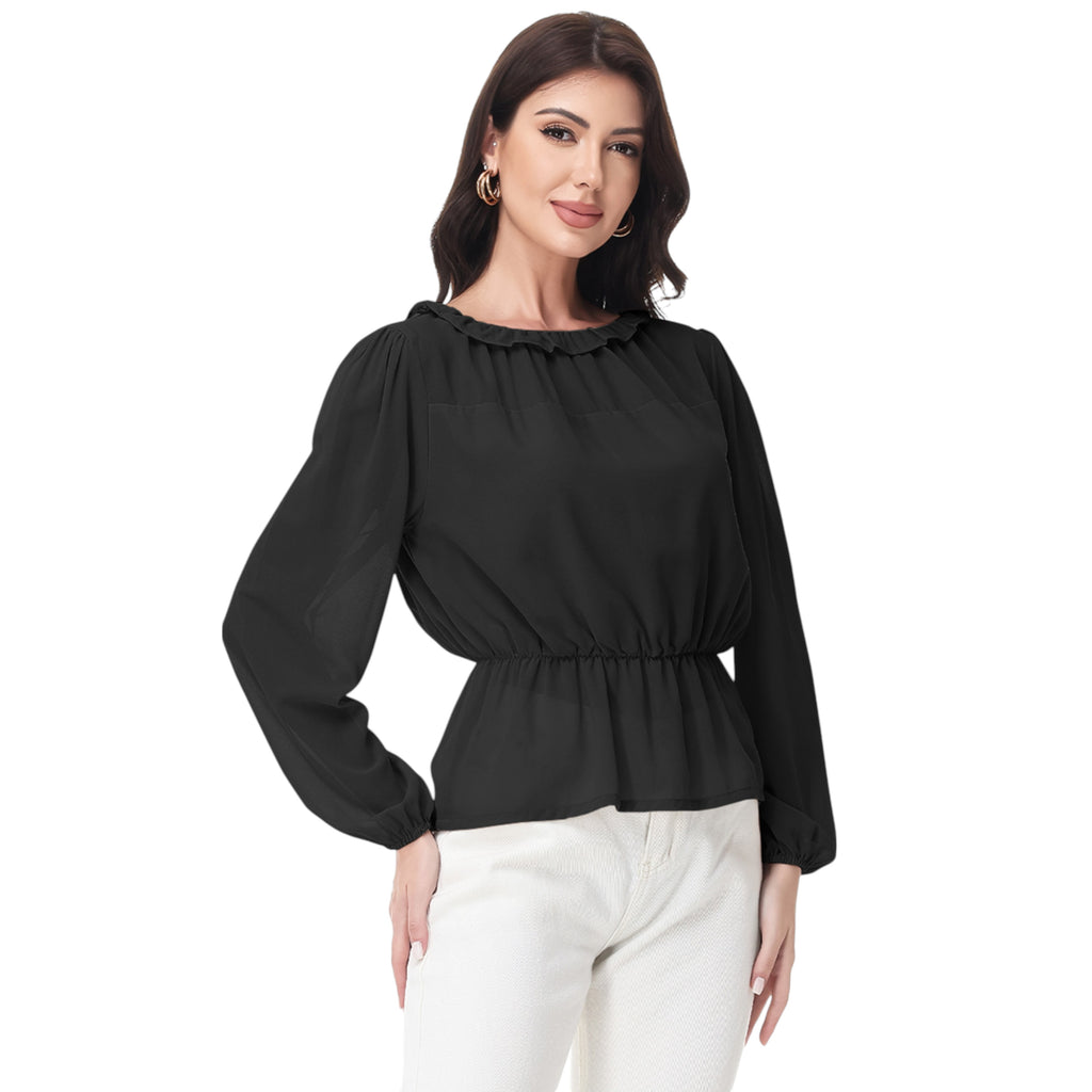 Anna-Kaci Women's Long Sleeve Blouse with Ruffle Neckline and Cinched Waist Detail
