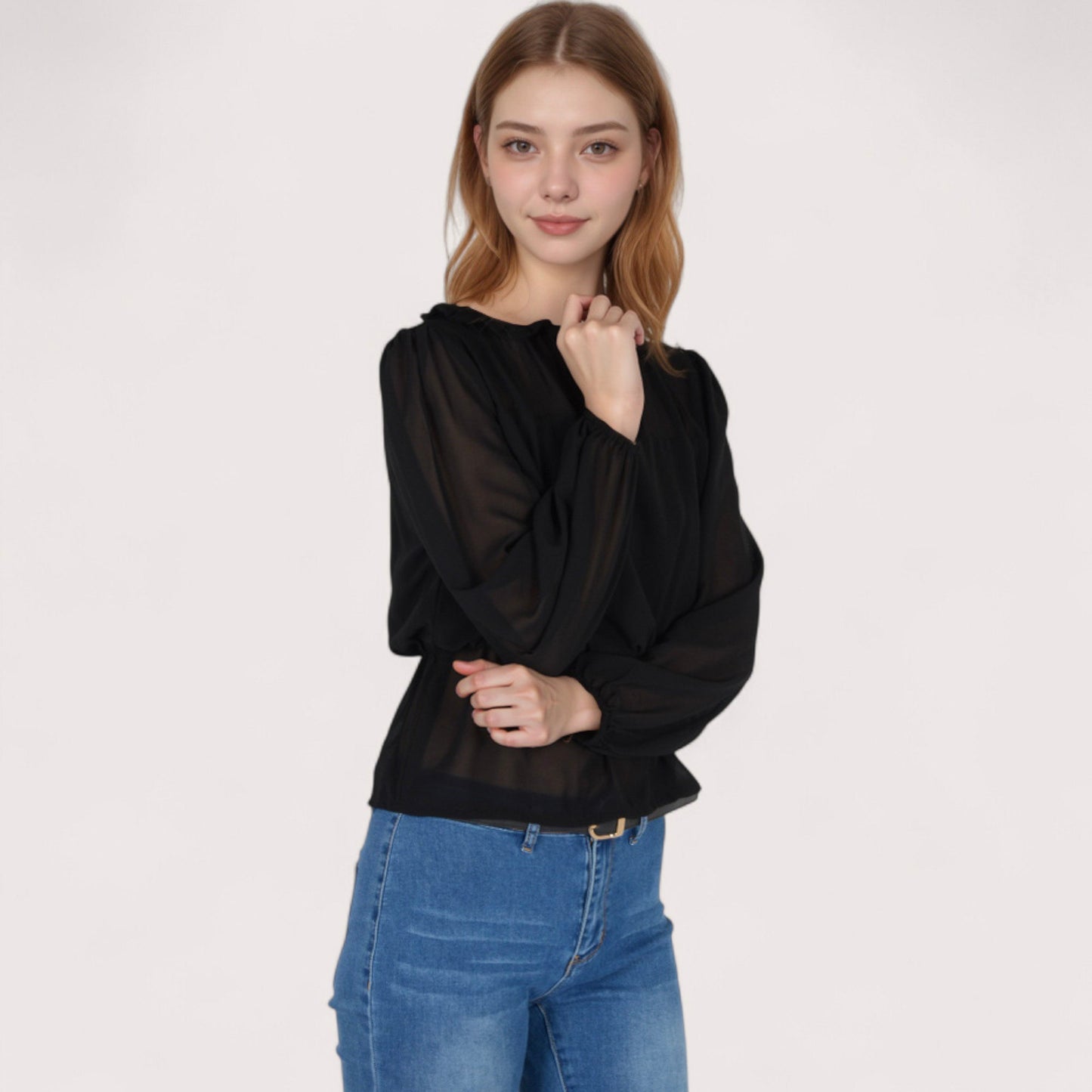 Anna-Kaci Women's Sheer Yoke Long Sleeve Blouse with Ruffle Neckline and Cinched Waist Detail - Small, Green