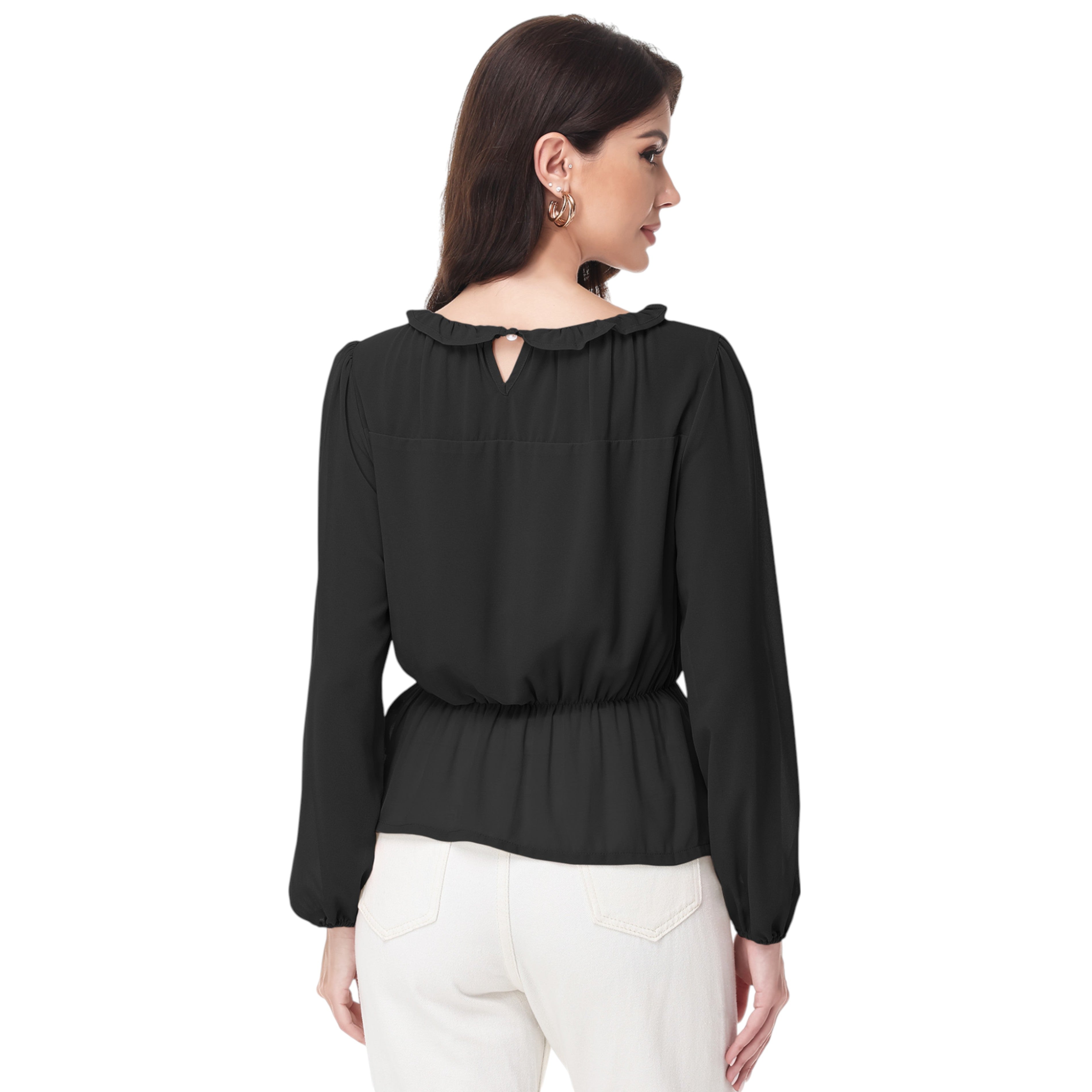 Anna-Kaci Women's Long Sleeve Blouse with Ruffle Neckline and Cinched Waist Detail