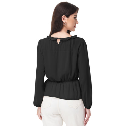 Anna-Kaci Women's Long Sleeve Blouse with Ruffle Neckline and Cinched Waist Detail