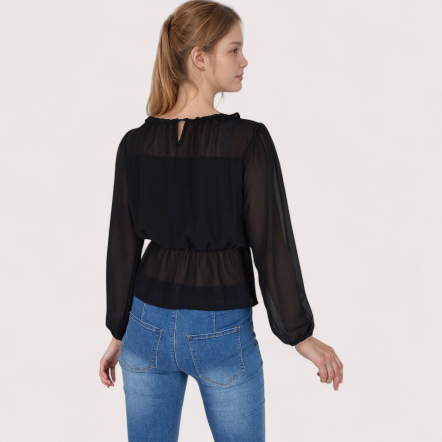 Anna-Kaci Women's Sheer Yoke Long Sleeve Blouse with Ruffle Neckline and Cinched Waist Detail - Small, Green