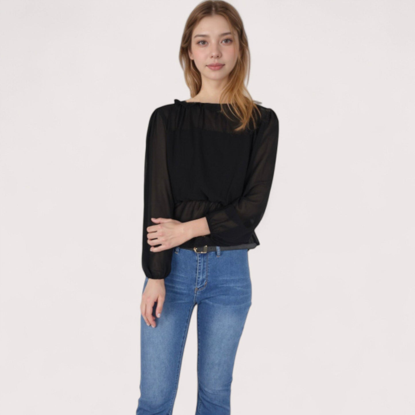 Anna-Kaci Women's Sheer Yoke Long Sleeve Blouse with Ruffle Neckline and Cinched Waist Detail - Small, Green