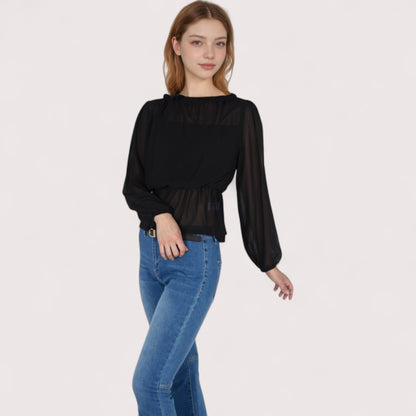 Anna-Kaci Women's Sheer Yoke Long Sleeve Blouse with Ruffle Neckline and Cinched Waist Detail - Small, Green