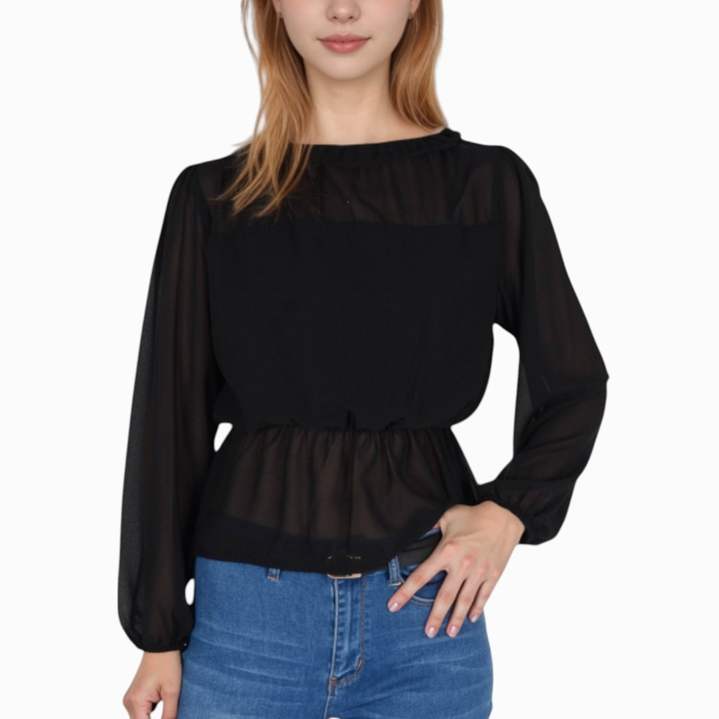 Anna-Kaci Women's Sheer Yoke Long Sleeve Blouse with Ruffle Neckline and Cinched Waist Detail - Small, Green