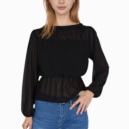 Anna-Kaci Women's Sheer Yoke Long Sleeve Blouse with Ruffle Neckline and Cinched Waist Detail - Small, Green