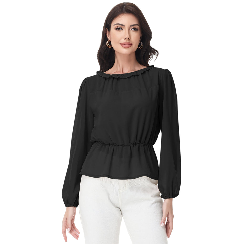 Anna-Kaci Women's Long Sleeve Blouse with Ruffle Neckline and Cinched Waist Detail