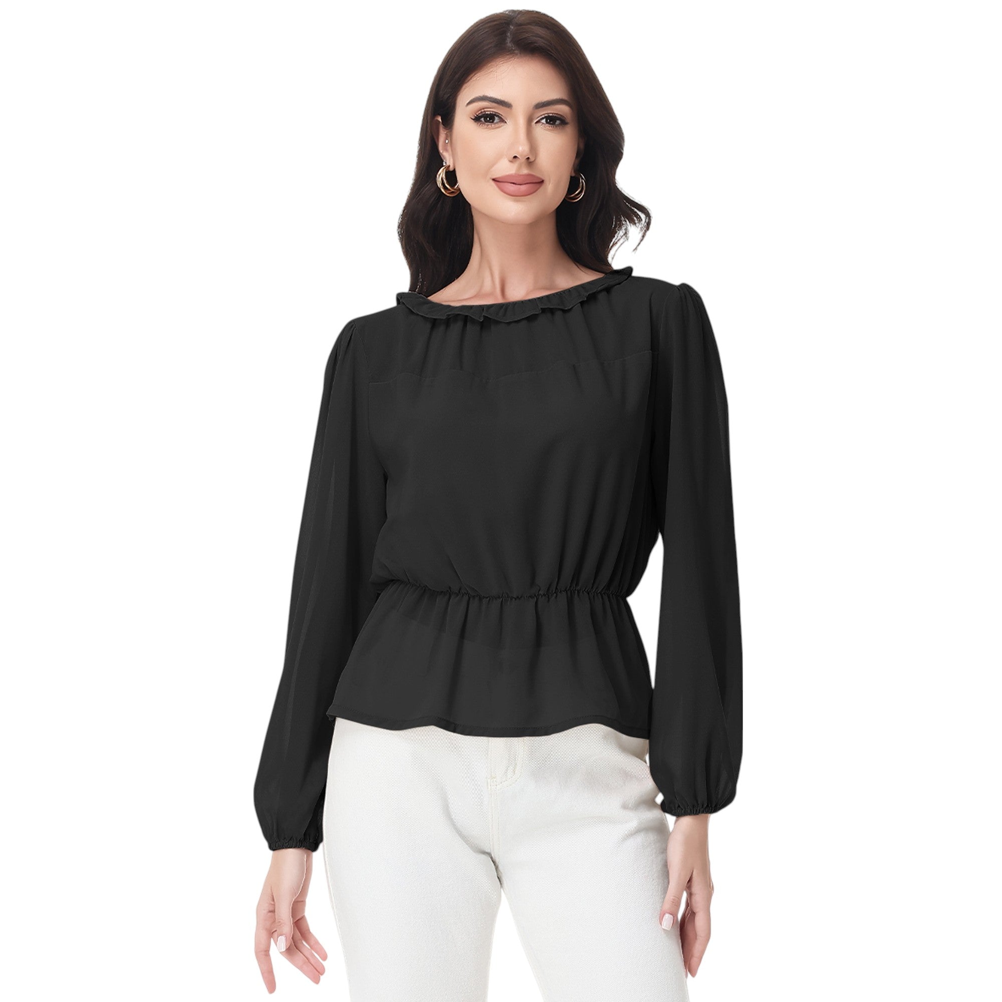 Anna-Kaci Women's Long Sleeve Blouse with Ruffle Neckline and Cinched Waist Detail
