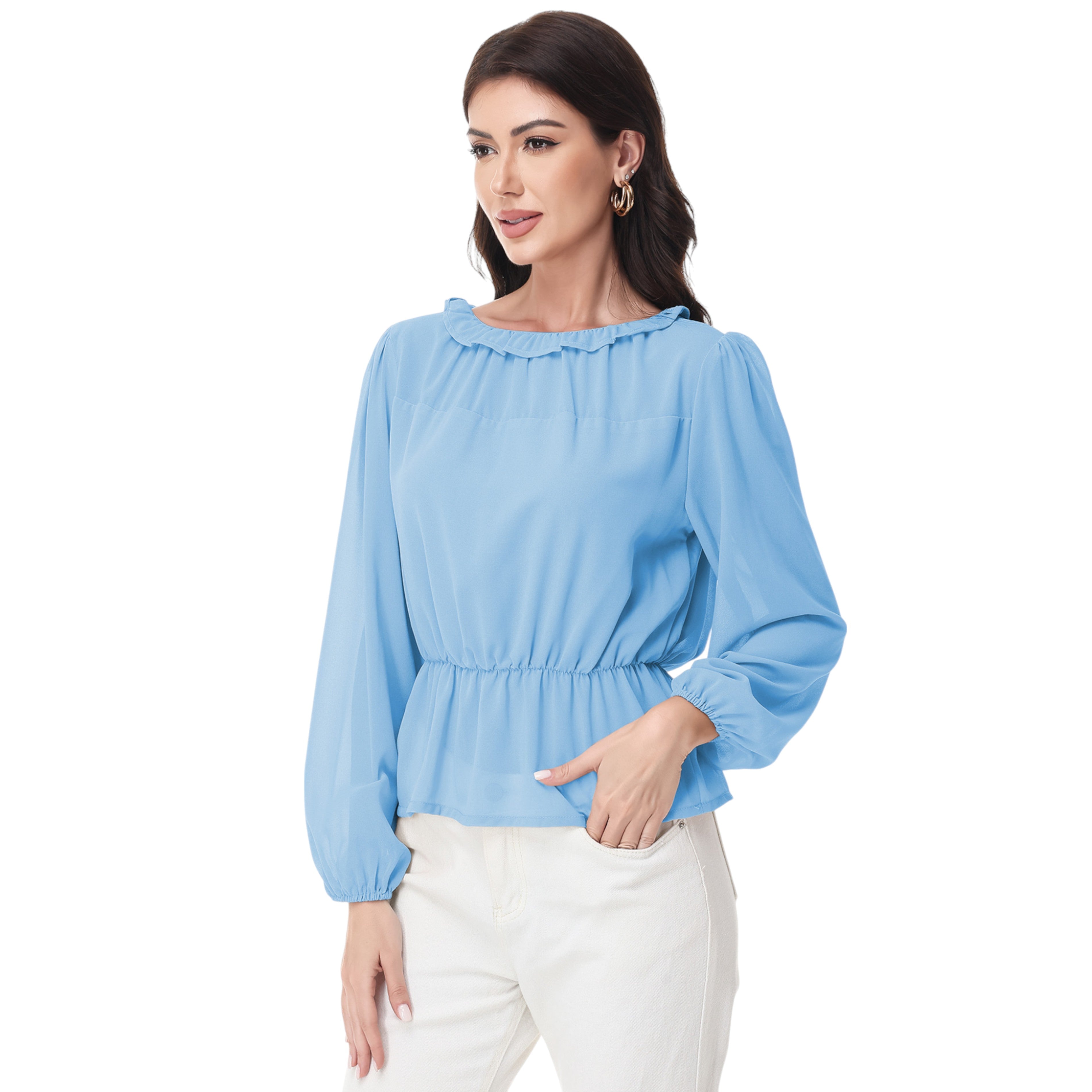 Anna-Kaci Women's Long Sleeve Blouse with Ruffle Neckline and Cinched Waist Detail
