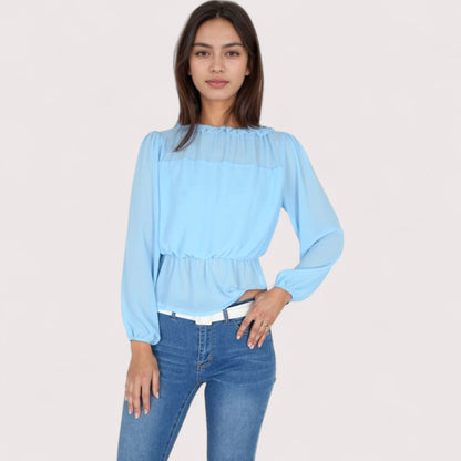 Anna-Kaci Women's Sheer Yoke Long Sleeve Blouse with Ruffle Neckline and Cinched Waist Detail - Small, Green