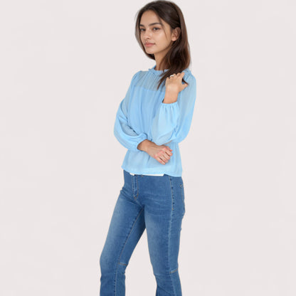 Anna-Kaci Women's Sheer Yoke Long Sleeve Blouse with Ruffle Neckline and Cinched Waist Detail - Small, Green