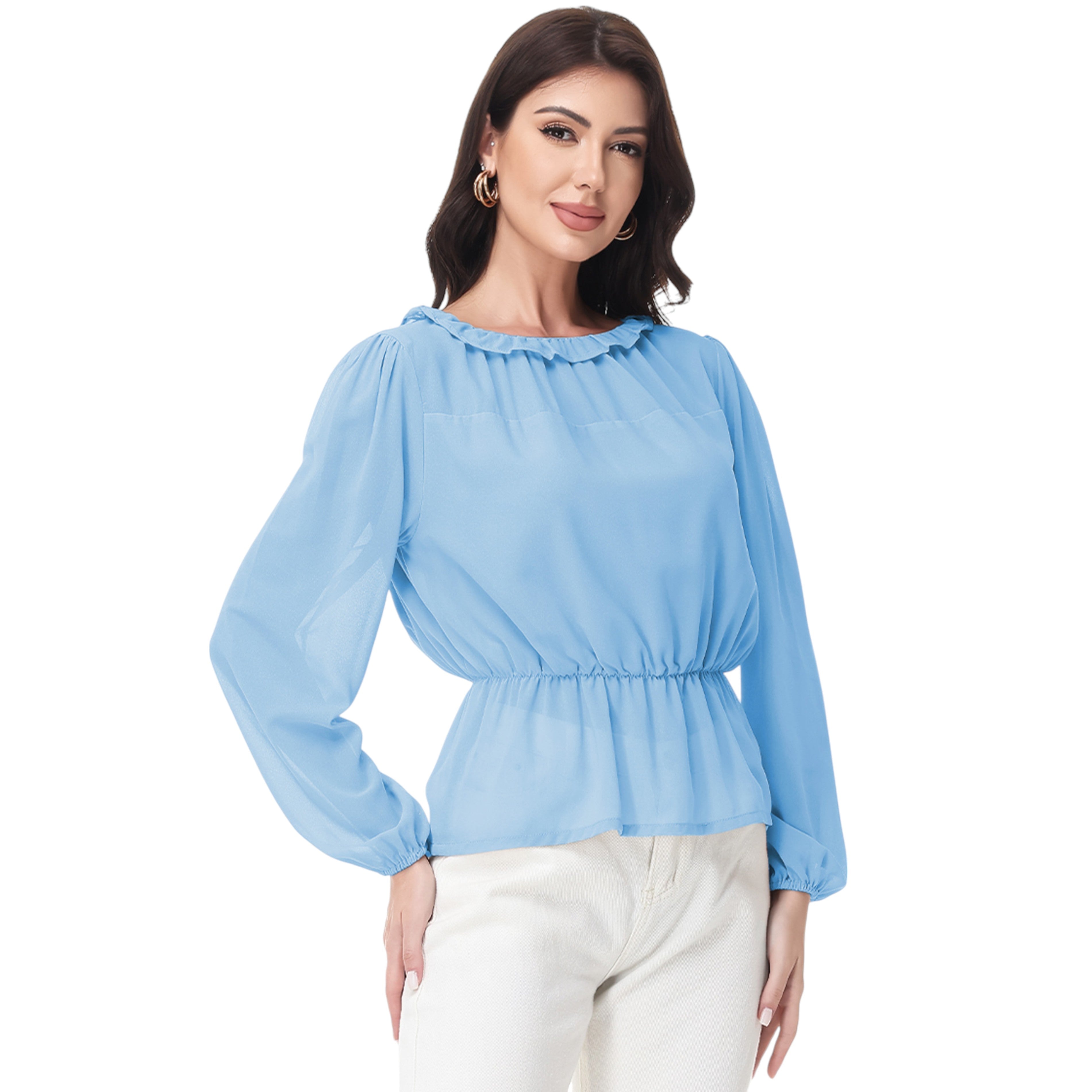 Anna-Kaci Women's Long Sleeve Blouse with Ruffle Neckline and Cinched Waist Detail