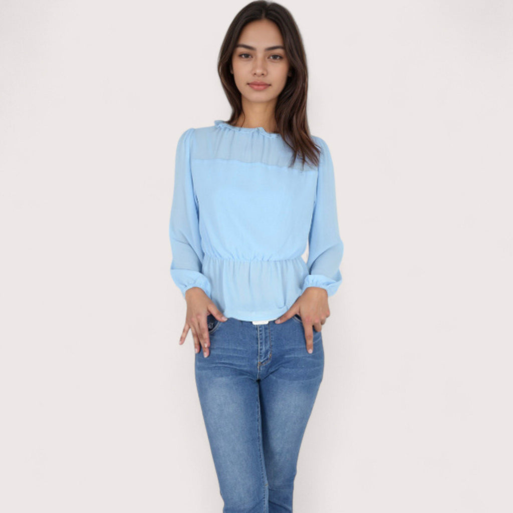 Anna-Kaci Women's Sheer Yoke Long Sleeve Blouse with Ruffle Neckline and Cinched Waist Detail - Small, Green