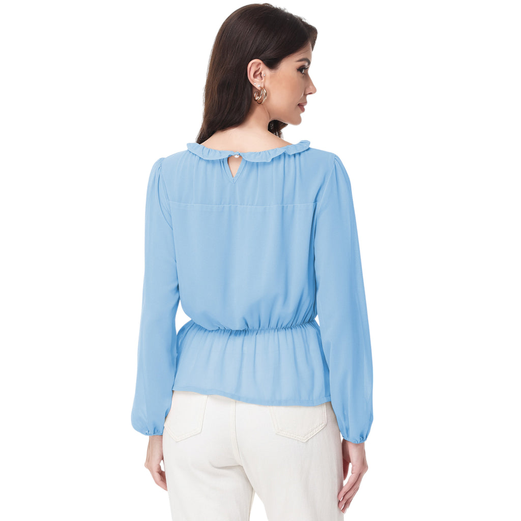 Anna-Kaci Women's Long Sleeve Blouse with Ruffle Neckline and Cinched Waist Detail
