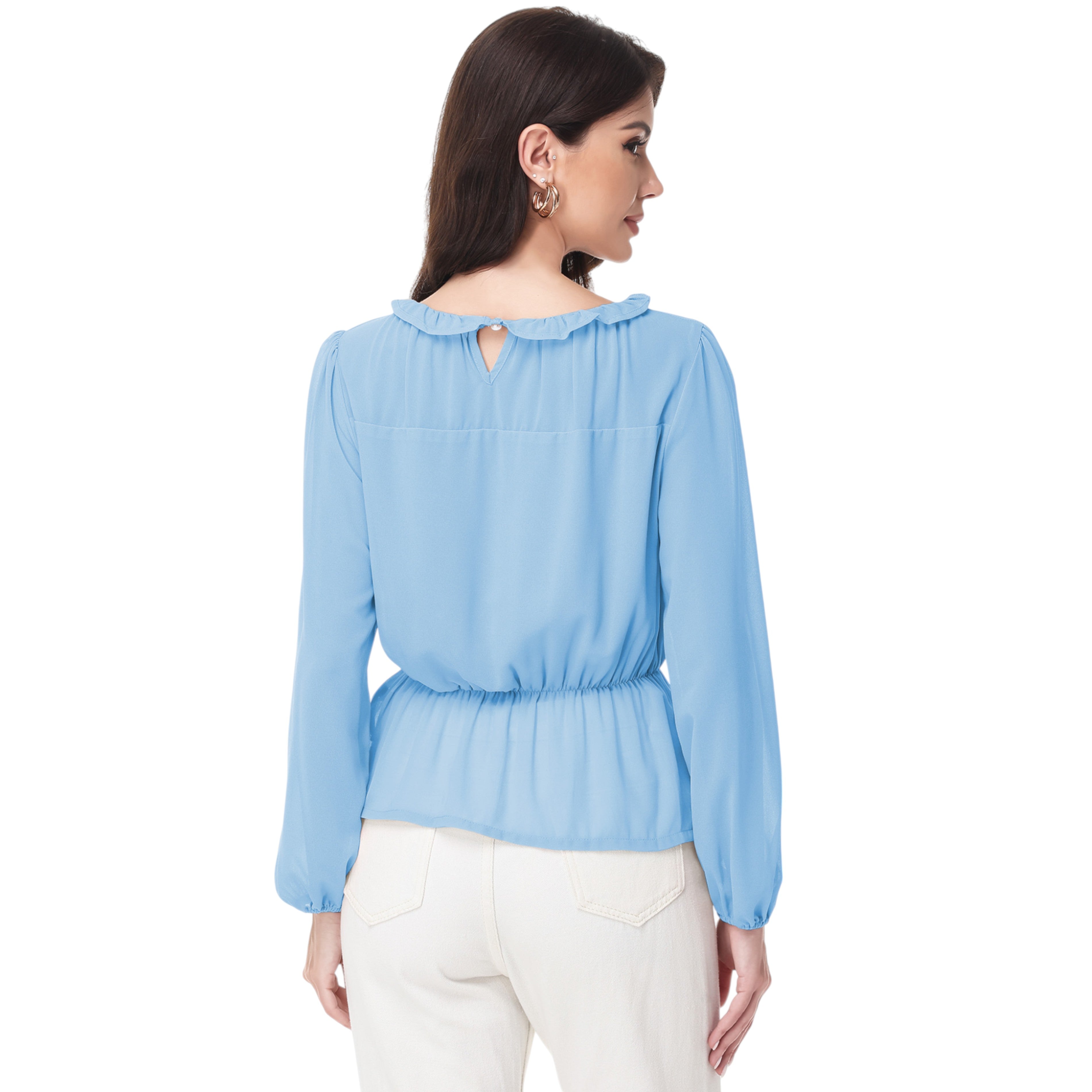 Anna-Kaci Women's Long Sleeve Blouse with Ruffle Neckline and Cinched Waist Detail