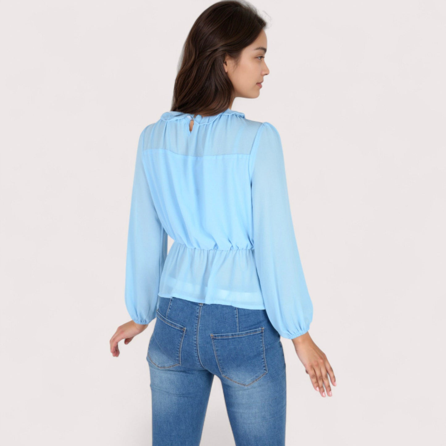 Anna-Kaci Women's Sheer Yoke Long Sleeve Blouse with Ruffle Neckline and Cinched Waist Detail - Small, Green