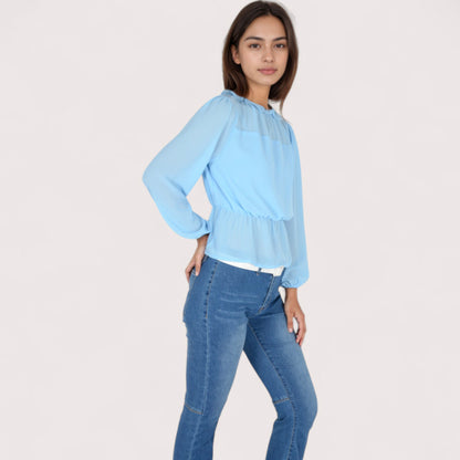 Anna-Kaci Women's Sheer Yoke Long Sleeve Blouse with Ruffle Neckline and Cinched Waist Detail - Small, Green