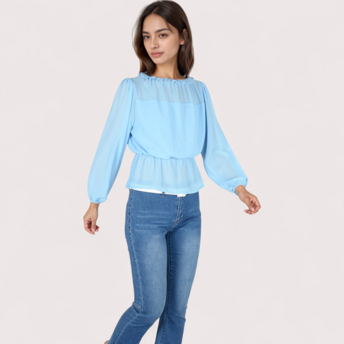 Anna-Kaci Women's Sheer Yoke Long Sleeve Blouse with Ruffle Neckline and Cinched Waist Detail - Small, Green