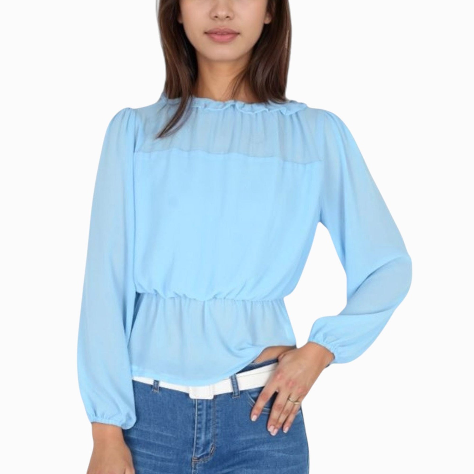 Anna-Kaci Women's Sheer Yoke Long Sleeve Blouse with Ruffle Neckline and Cinched Waist Detail - Small, Green