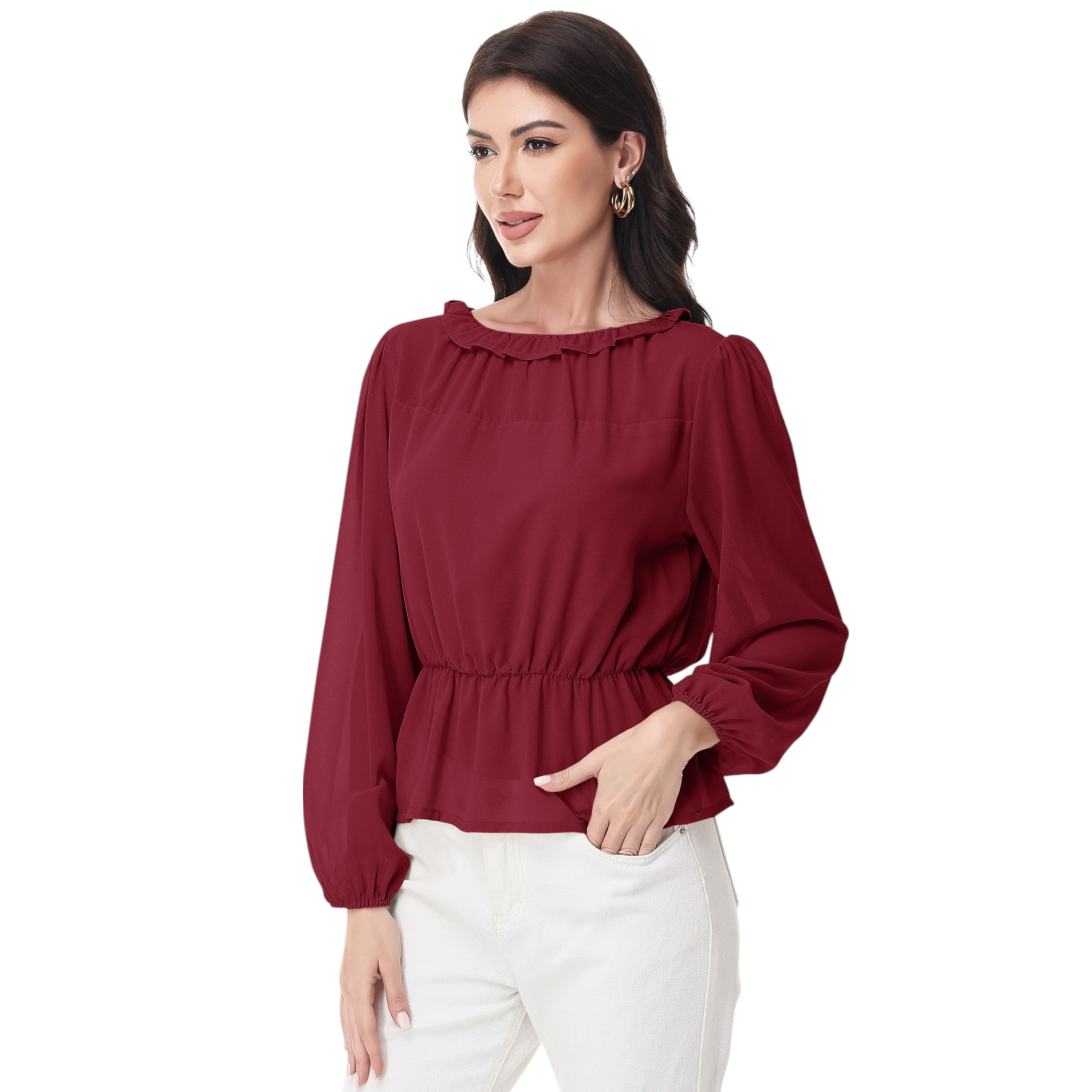 Anna-Kaci Women's Long Sleeve Blouse with Ruffle Neckline and Cinched Waist Detail