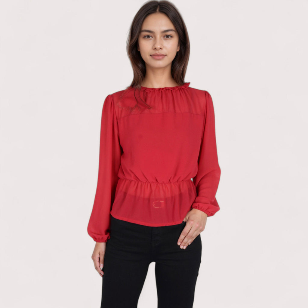 Anna-Kaci Women's Sheer Yoke Long Sleeve Blouse with Ruffle Neckline and Cinched Waist Detail - Small, Green