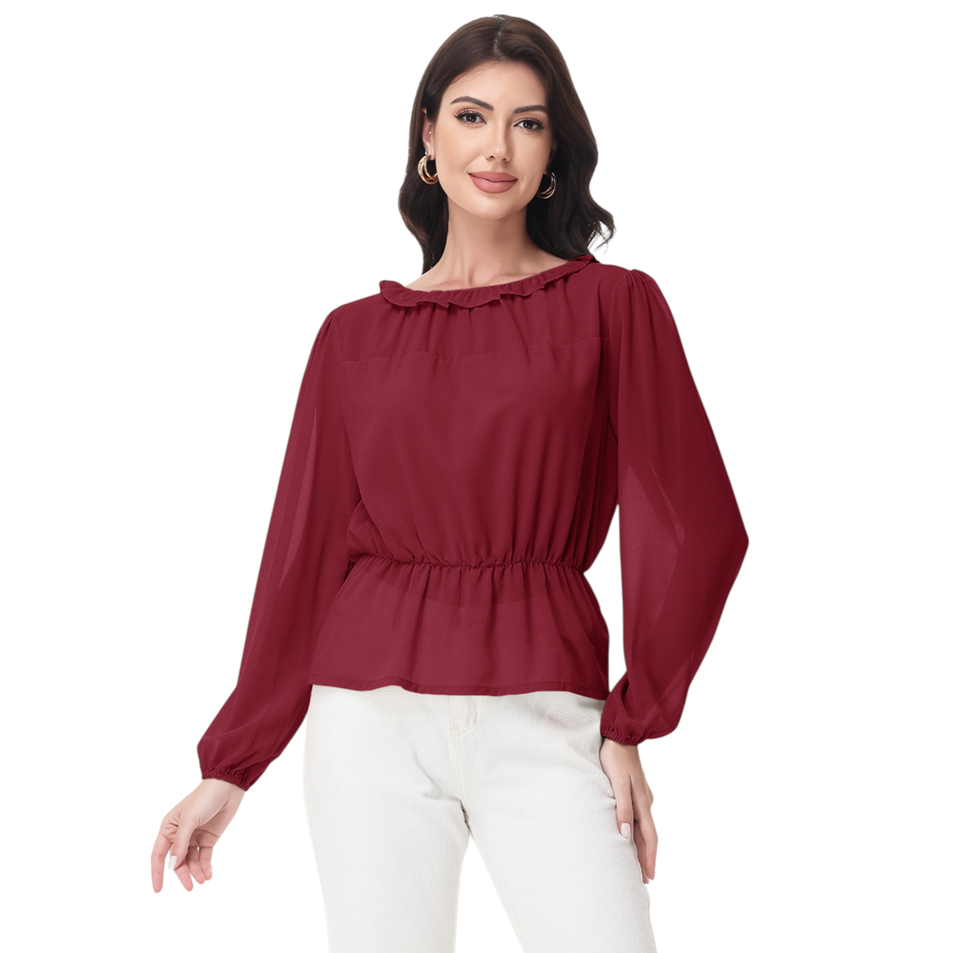 Anna-Kaci Women's Long Sleeve Blouse with Ruffle Neckline and Cinched Waist Detail