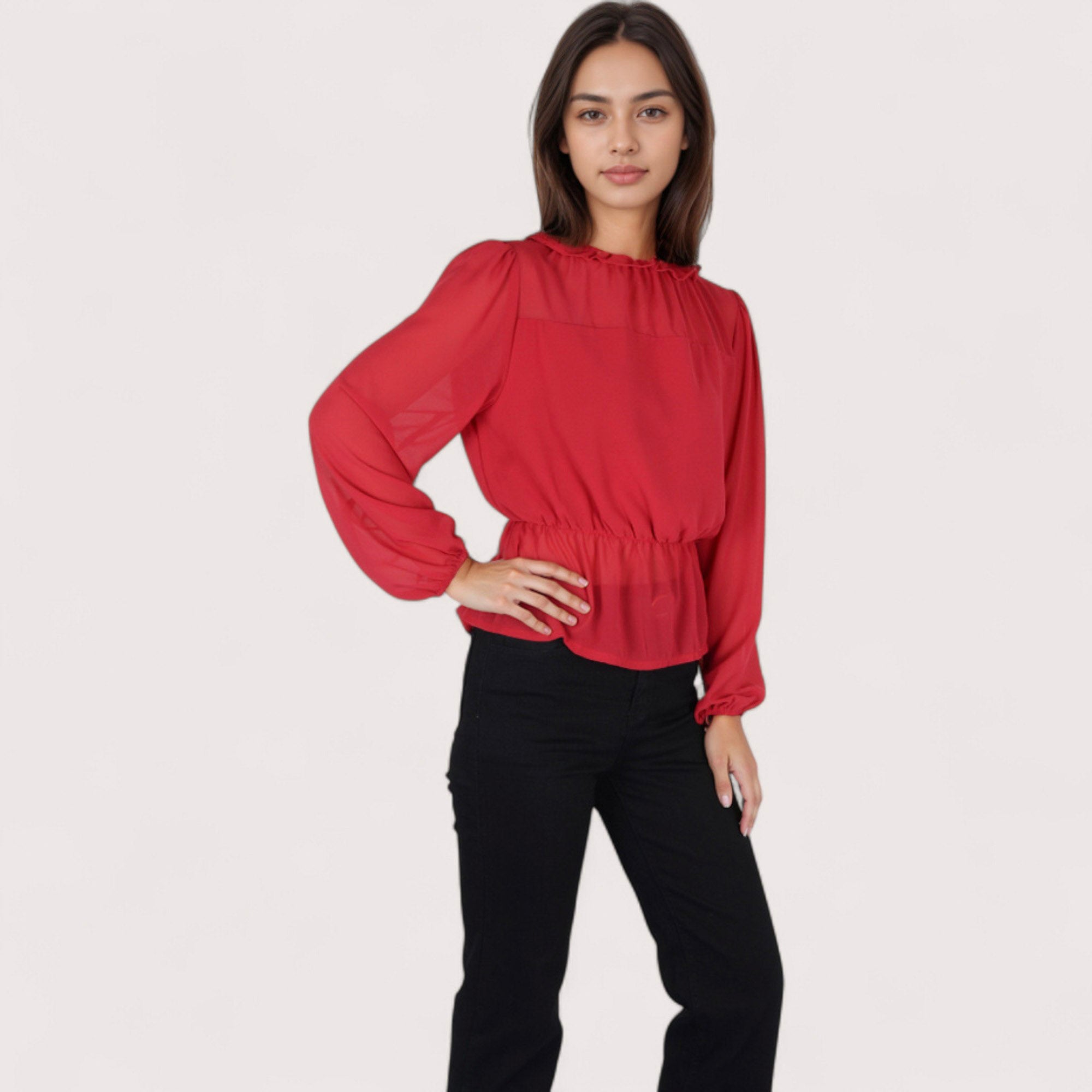 Anna-Kaci Women's Sheer Yoke Long Sleeve Blouse with Ruffle Neckline and Cinched Waist Detail - Small, Green