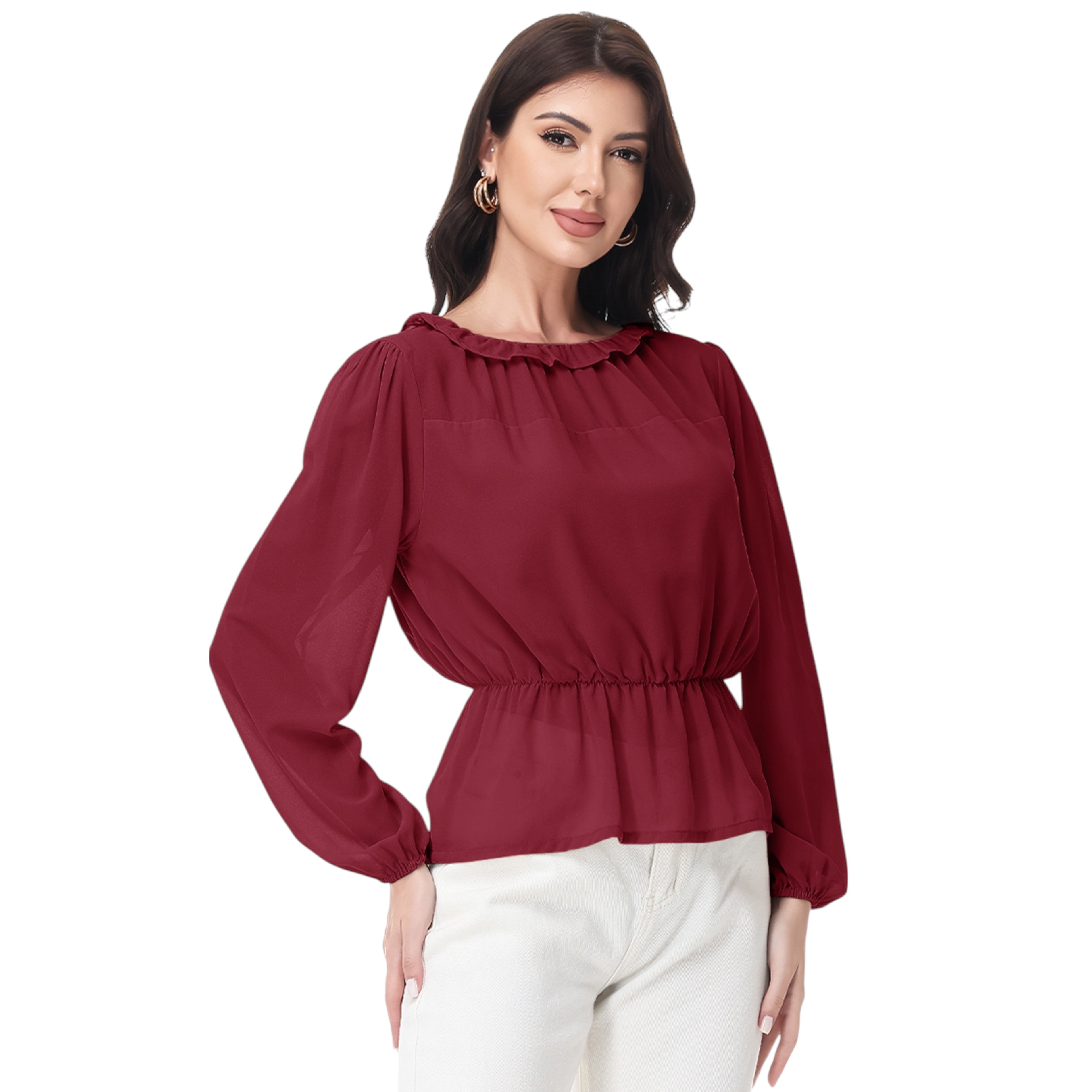 Anna-Kaci Women's Long Sleeve Blouse with Ruffle Neckline and Cinched Waist Detail