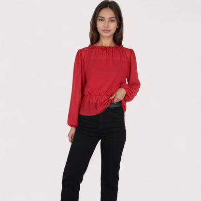 Anna-Kaci Women's Sheer Yoke Long Sleeve Blouse with Ruffle Neckline and Cinched Waist Detail - Small, Green