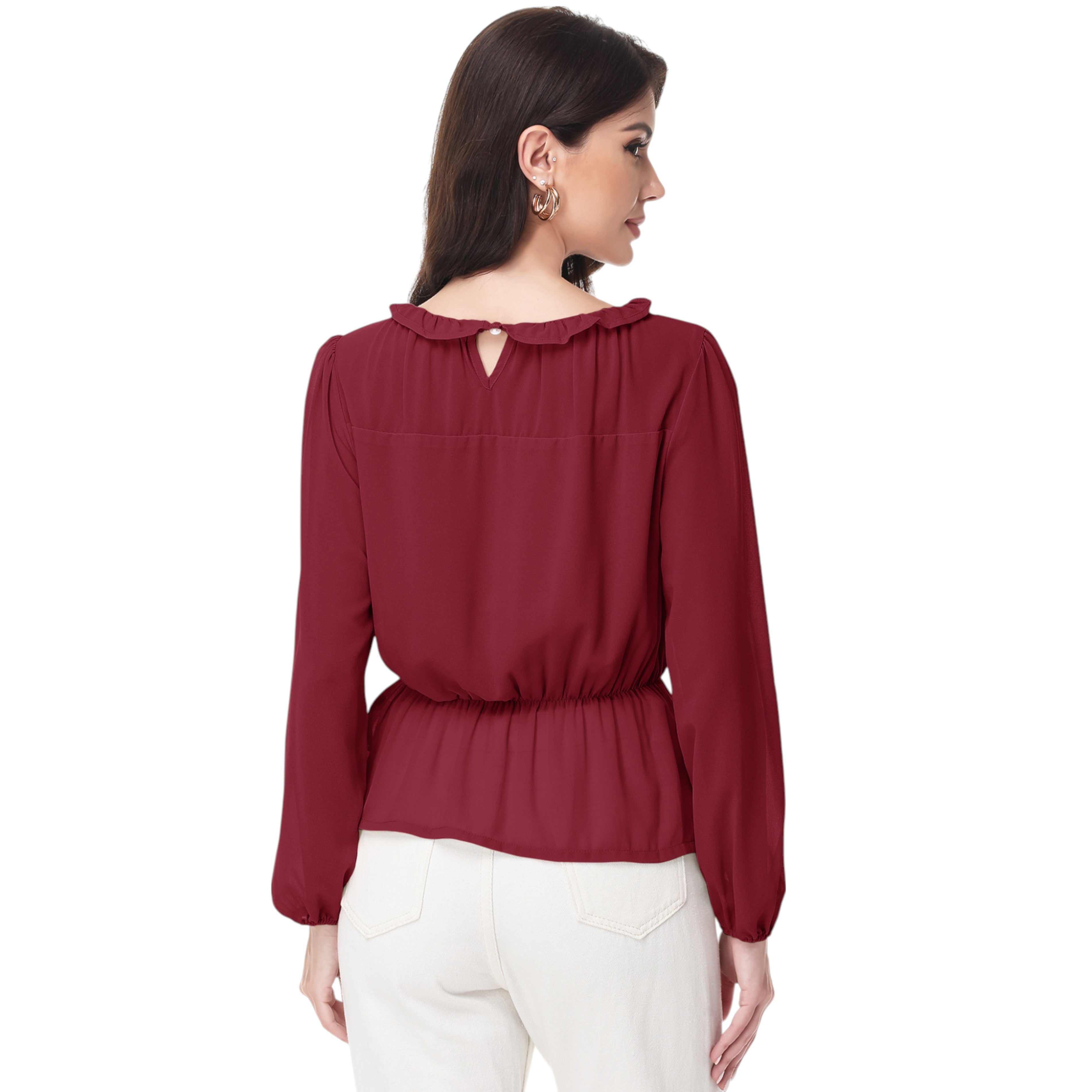 Anna-Kaci Women's Long Sleeve Blouse with Ruffle Neckline and Cinched Waist Detail