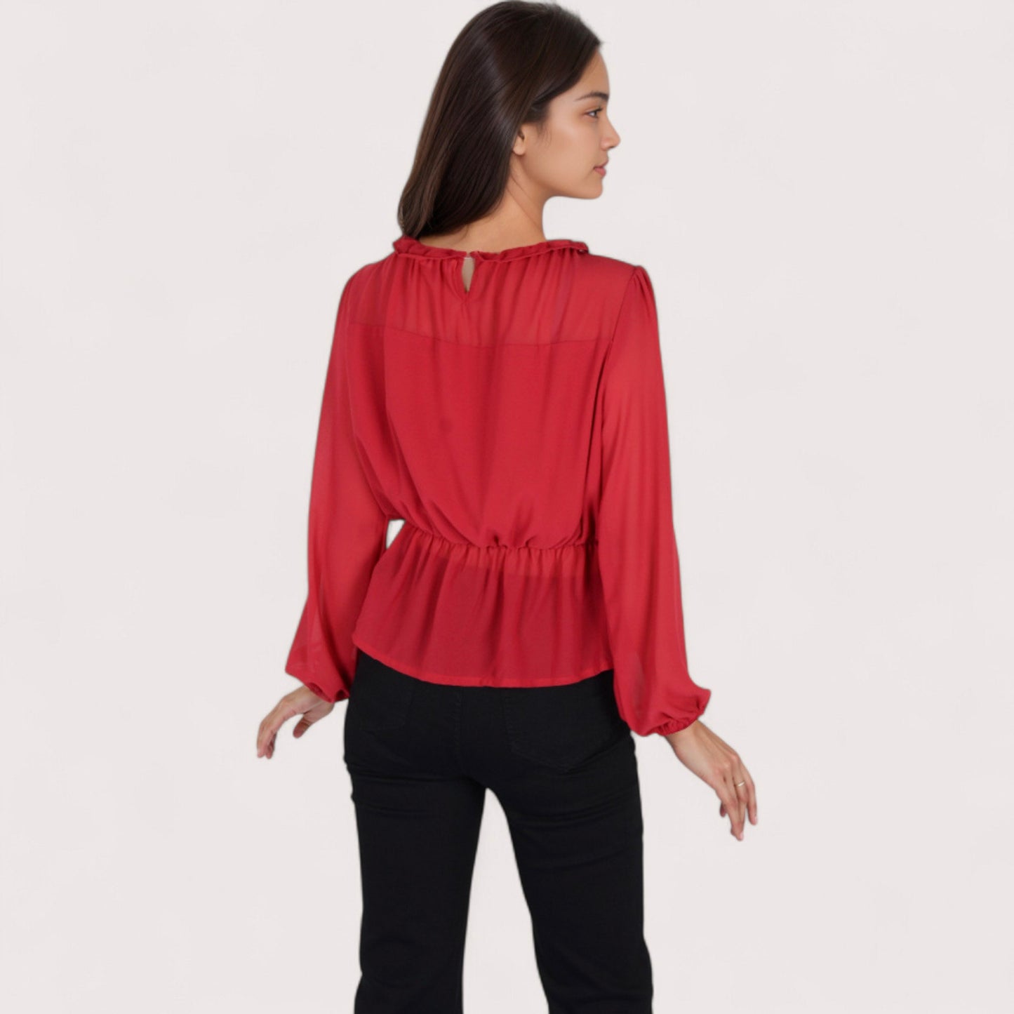 Anna-Kaci Women's Sheer Yoke Long Sleeve Blouse with Ruffle Neckline and Cinched Waist Detail - Small, Green