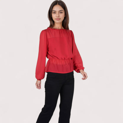 Anna-Kaci Women's Sheer Yoke Long Sleeve Blouse with Ruffle Neckline and Cinched Waist Detail - Small, Green