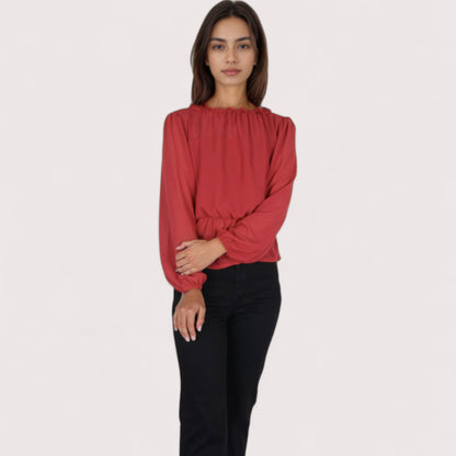 Anna-Kaci Women's Sheer Yoke Long Sleeve Blouse with Ruffle Neckline and Cinched Waist Detail - Small, Green