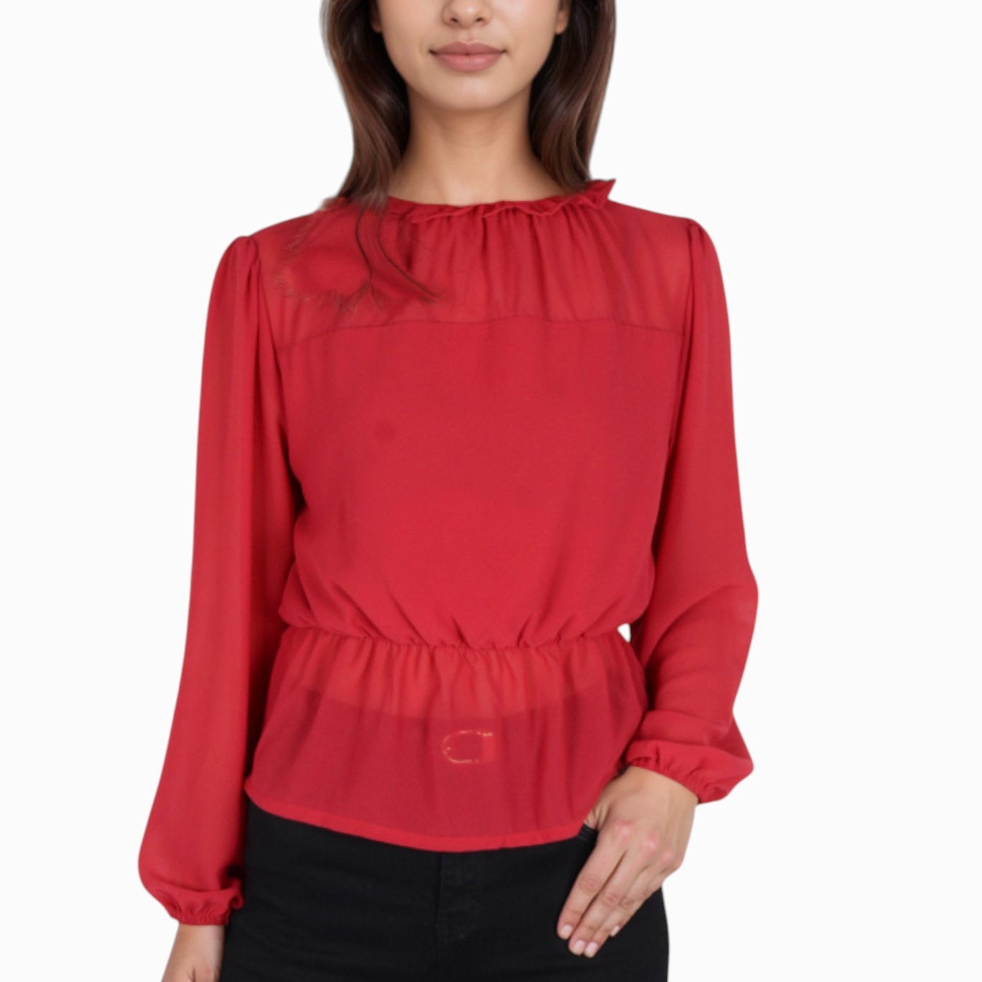 Anna-Kaci Women's Sheer Yoke Long Sleeve Blouse with Ruffle Neckline and Cinched Waist Detail - Small, Green